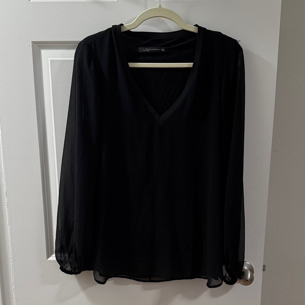 Zara Black V-Neck Long-Sleeve Sheer Blouse